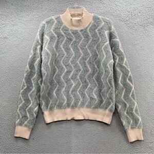 &Merci Geometric Jacquard Pullover Sweater Ivory Beige Gray Fuzzy Hair Women's S